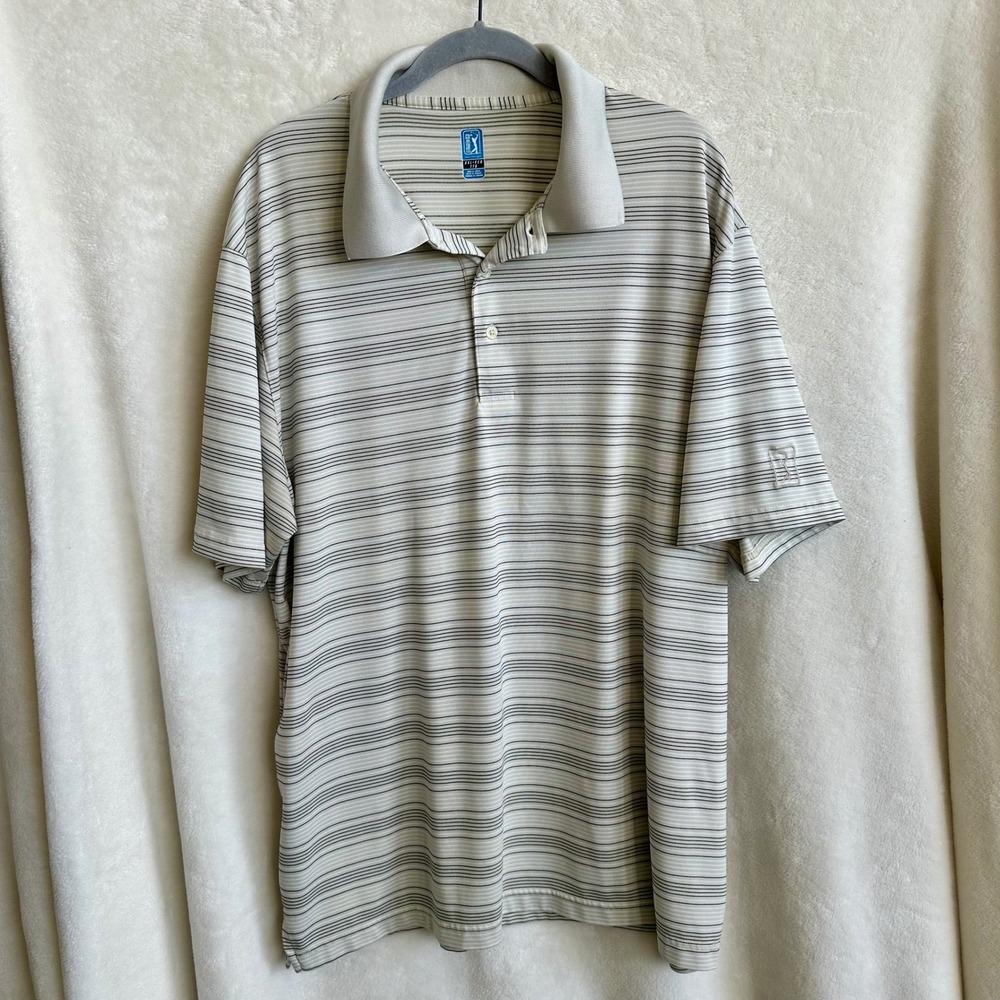PGA‎ Tour Dri Flux Grey Off White Horizontal Striped Golf Polo Shirt XXL